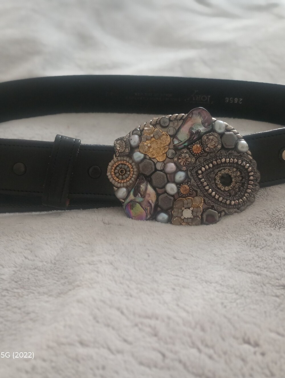 Stacy Bradley Mosaic Buckle On Tory English Bridle Black Leather Belt Size 30